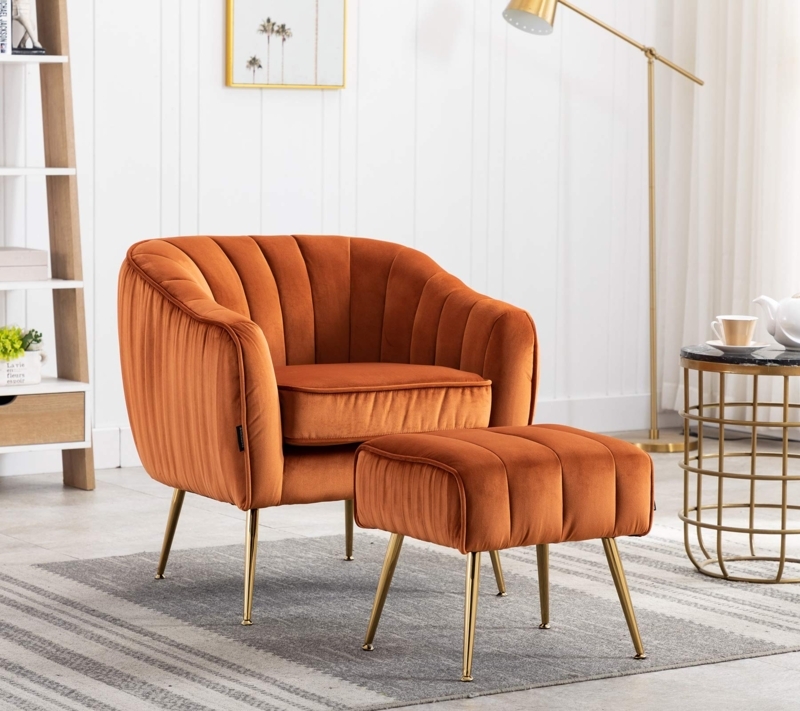 Accent Chair Set Velvet with Ottoman Gold Metal Legs Tufted Barrel
