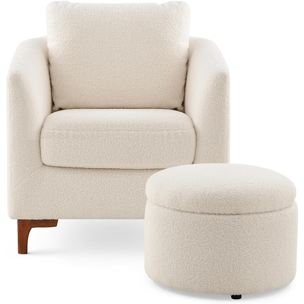 Accent Chair Set White Sherpa with Storage Ottoman and Gold Legs