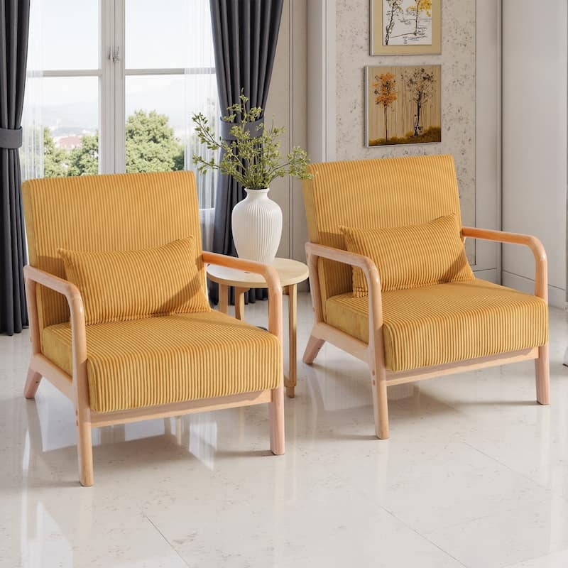 Accent Chair Set with Corduroy Upholstery and Exposed Wood Frame in Grey