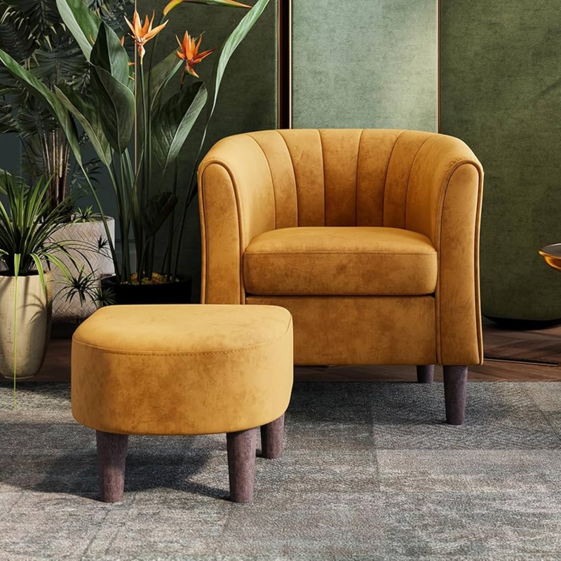 Accent Chair Set With Ottoman Mustard Yellow Velvet Contemporary