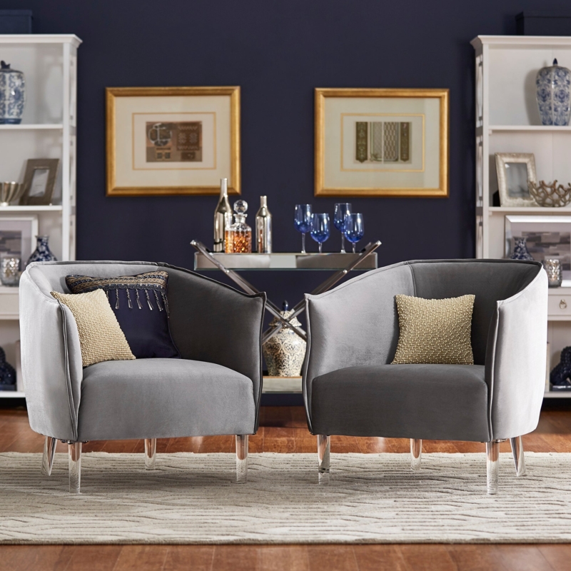 Accent Chair Silver Velvet Barrel Back Clear Acrylic Legs Glam