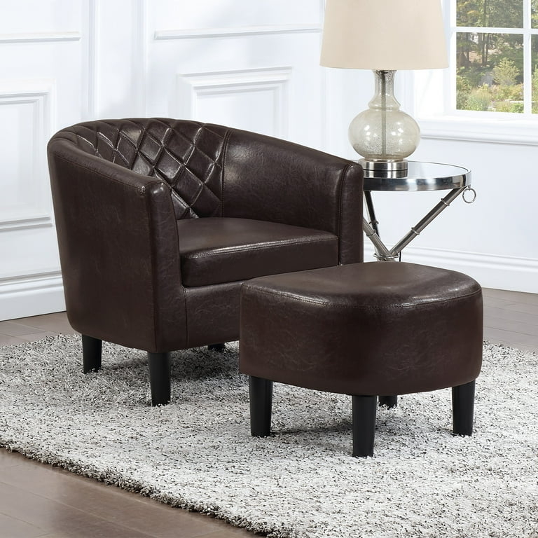 Accent Chair: Slat Back Design Faux Leather with Matching Ottoman