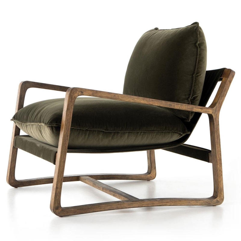 Accent Chair Slat Back Rustic Lodge Olive Green Fabric Curved Arms
