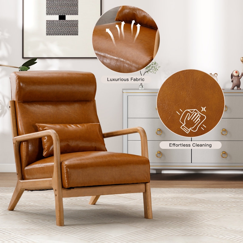 Accent Chair Slatted Wood Frame Cognac Leather-like, Transitional Seating