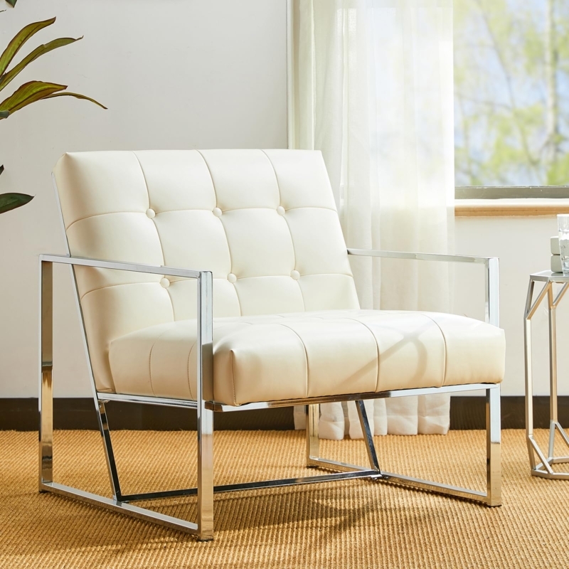 Accent Chair Sled Base Ribbed Stitching Leather Like Cream Metal Frame