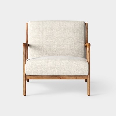 Accent Chair Spindle Back Natural Wood Frame Coastal Style Cream Fabric
