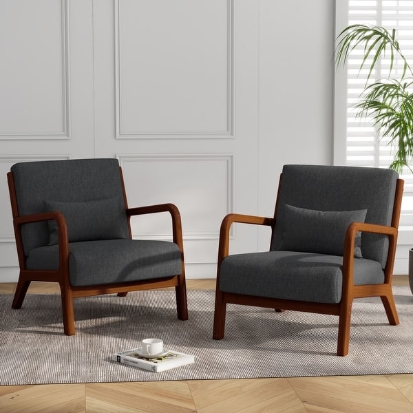 Accent Chair, Splayed Arms, Grey Woven Texture, Medium Brown Frame