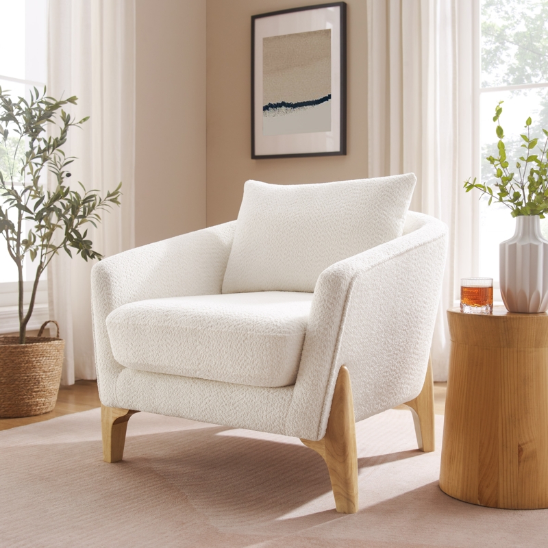 Accent Chair Splayed Natural Wood Legs Beige Boucle Scandinavian