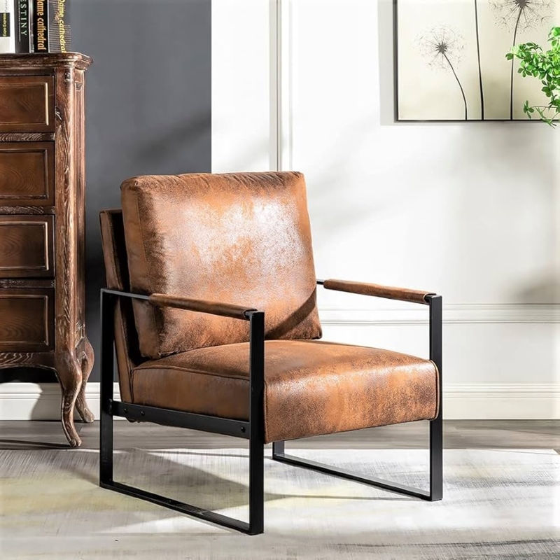 Accent Chair Square Metal Frame Spotted Microfiber Mid Century
