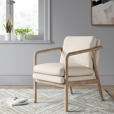 Accent Chair Square Wood Frame with Beige Textural Cushions