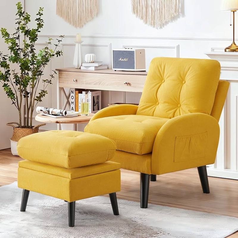 Accent Chair & Storage Ottoman, Vibrant Yellow Linen with Tufted Back