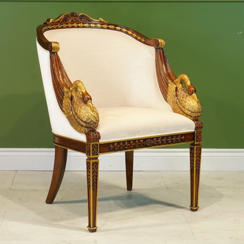 Accent Chair Swan Carvings Gold Leaf Accents White Velvet Like