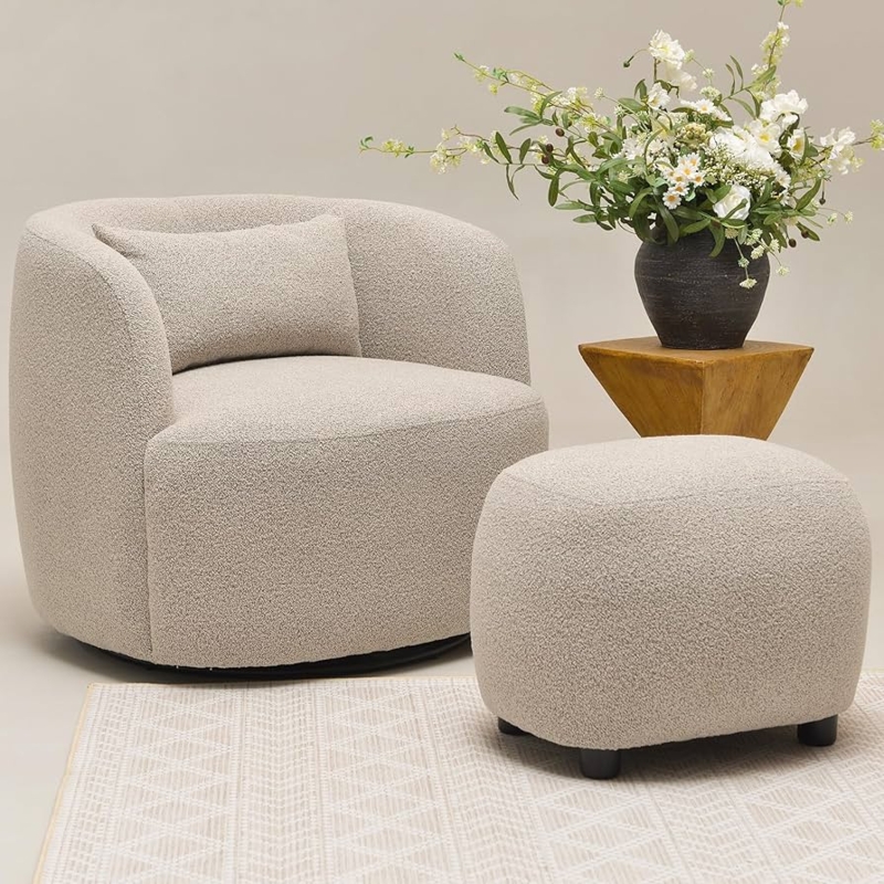 Accent Chair Swivel Barrel Silhouette in Boucle with Ottoman