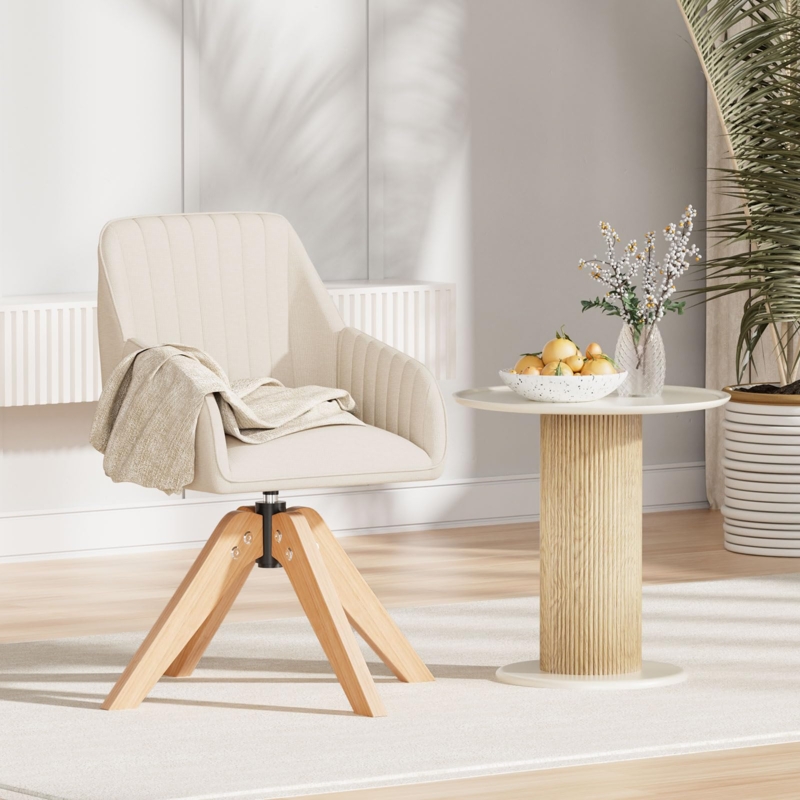 Accent Chair Swivel with Linen Weave Fabric and Curved Wood Arms