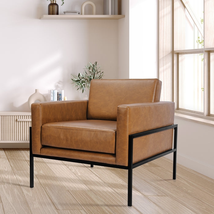 Accent Chair Tan Faux Leather Black Metal Sled Base