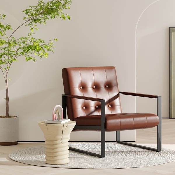 Accent Chair Tan Faux Leather Black Steel Frame Armrests