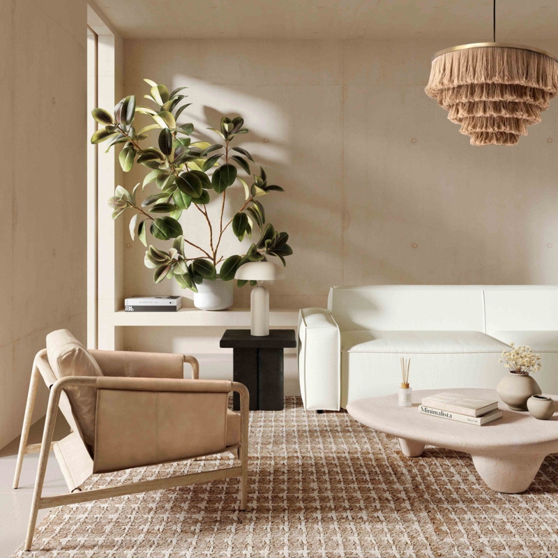 Accent Chair, Tan Leather-Like, Low Profile, Boxy Cushion, Metal Base