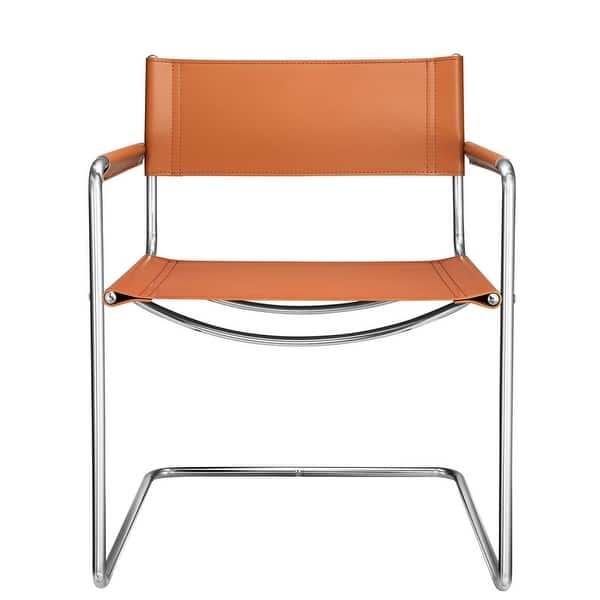 Accent Chair Tan Leather-Like Polished Stainless Steel Sled Base