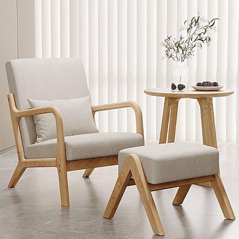 Accent Chair Tan Leather-Like Set with Ottoman and Wood Frame