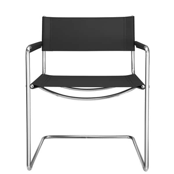 Accent Chair Tan Leather-Like Sling Design Polished Square Frame