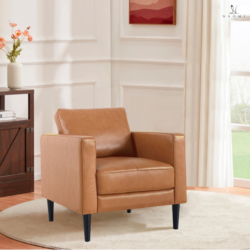 Accent Chair, Tan Leather-Like, Tapered Wood Legs, Curved Tight Back