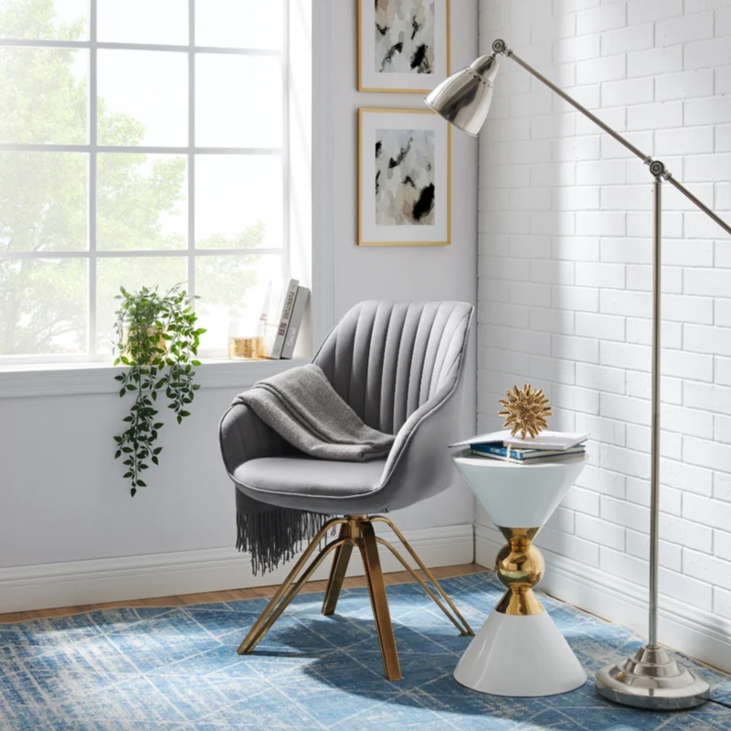 Accent Chair Tapered Wood Legs Gray Woven Fabric Curved