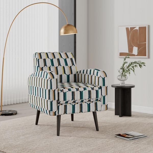 Accent Chair, Teal Striped Fabric, Tapered Legs. Mid-Century Modern Chair.