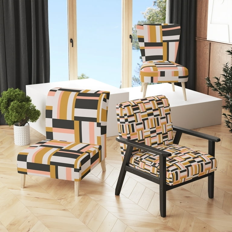 Accent Chair Teal Yellow Abstract Geometric Wood Frame Tapered Legs