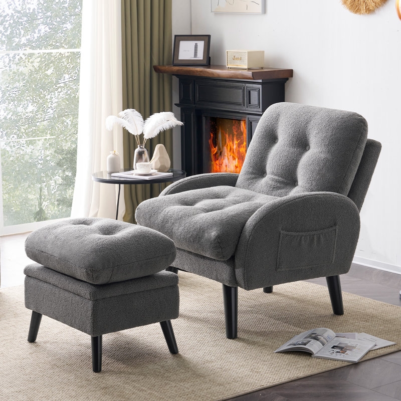 Accent Chair Teddy Fleece Segmented Back Matching Ottoman Set