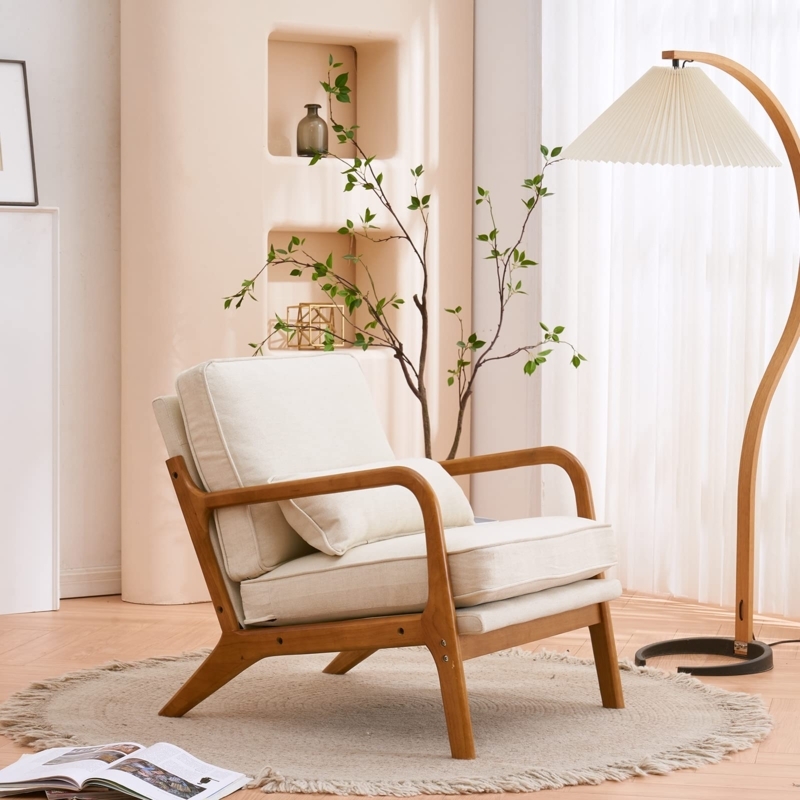 Accent Chair Tilted Backrest Off-White Linen Mid-Century Modern