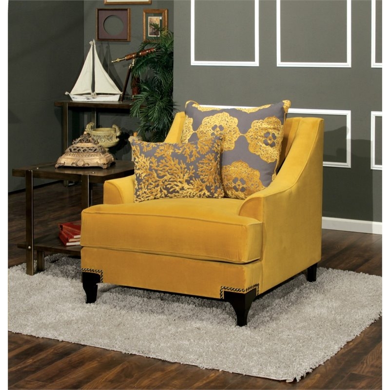 Accent Chair Traditional Gold Fabric Carved Wood Frame Button Tufted