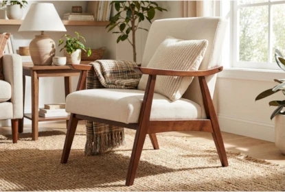 Accent Chair, Transitional Dark Wood Frame, Linen Upholstery, Cream