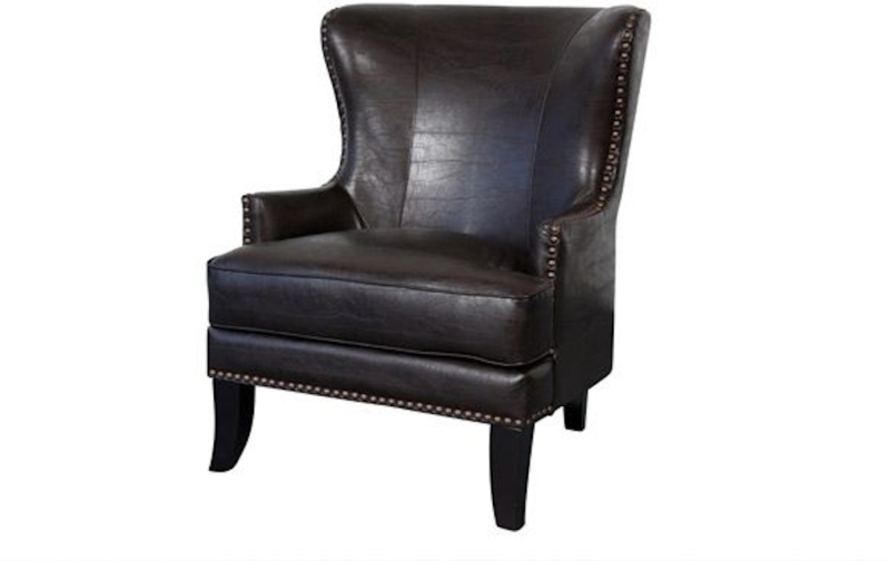Accent Chair: Transitional Faux Leather Piping Detail Curved Back