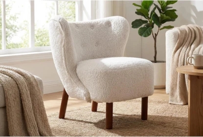 Accent Chair Tufted Teddy Sherpa Curved White with Tapered Legs