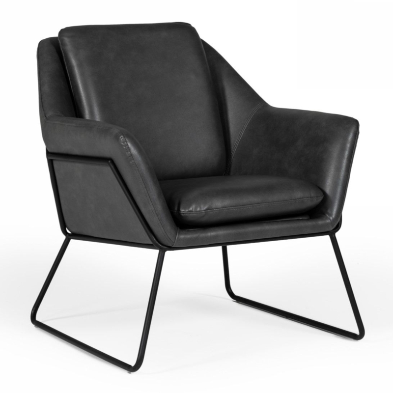 Accent Chair Upholstered Arms Channel Stitching Dark Grey Leather Like