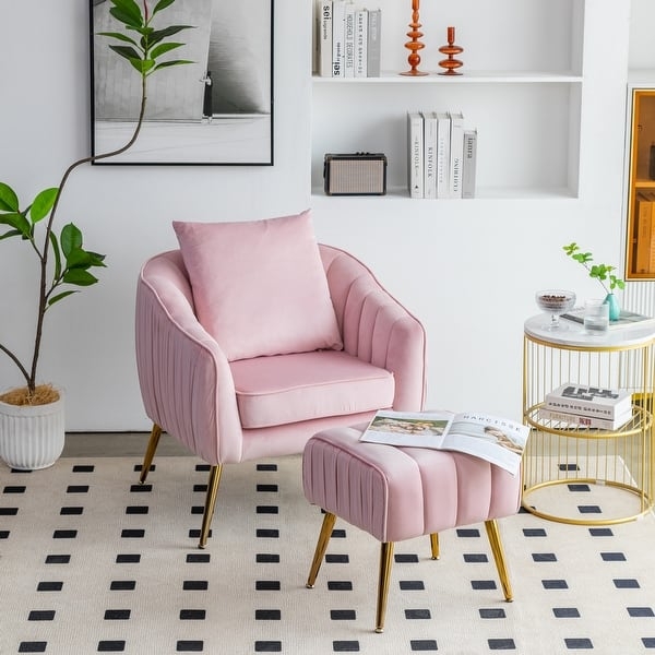 Accent Chair Velvet Barrel Back with Matching Ottoman Blush Pink Gold