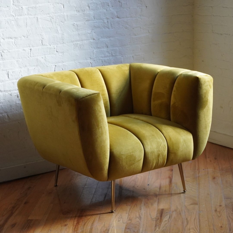 Accent Chair, Vertical Channeling, Olive Velvet. Mid-Century Modern Chair.