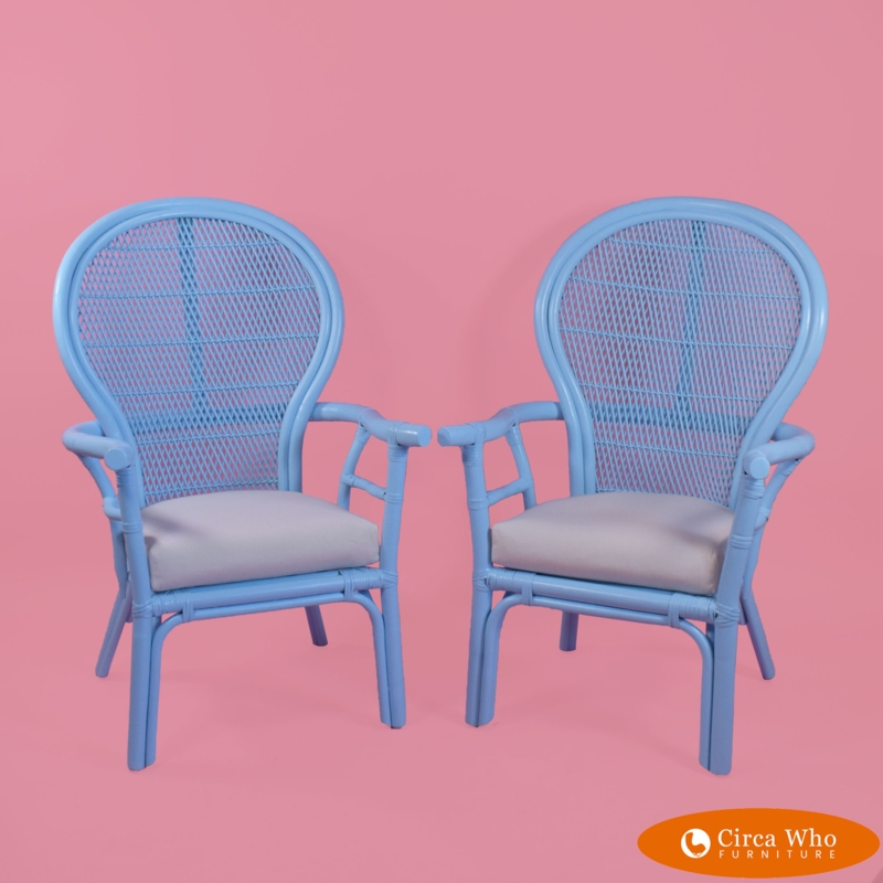 Accent Chair Vibrant Blue Cane Weaving Balloon Back Pair