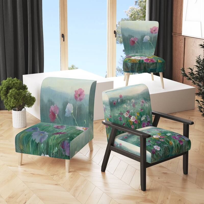 Accent Chair Vibrant Botanical White Base with Recessed Arms