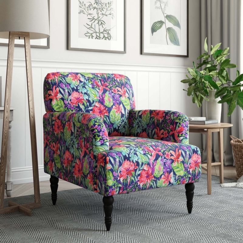 Accent Chair Vibrant Multicolor Floral Barrel with Flared Wood Legs