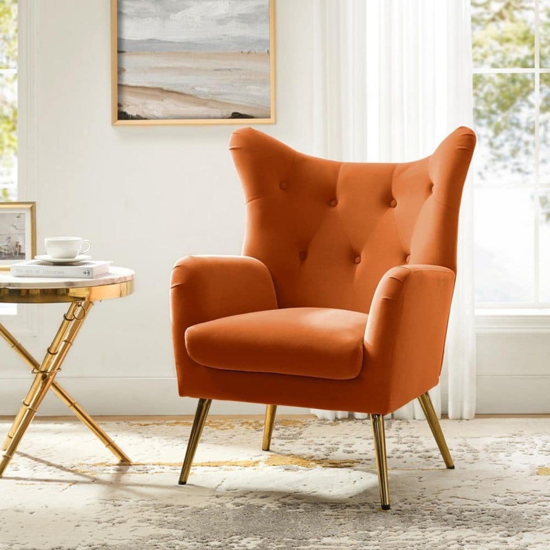 Accent Chair Vibrant Orange Wingback with Button Tufting and Gold Base
