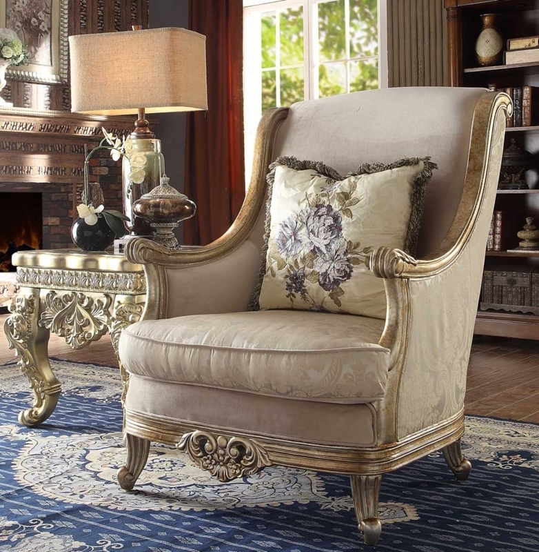 Accent Chair Victorian Polished Gold Frame Charcoal Tufted Fabric High Back