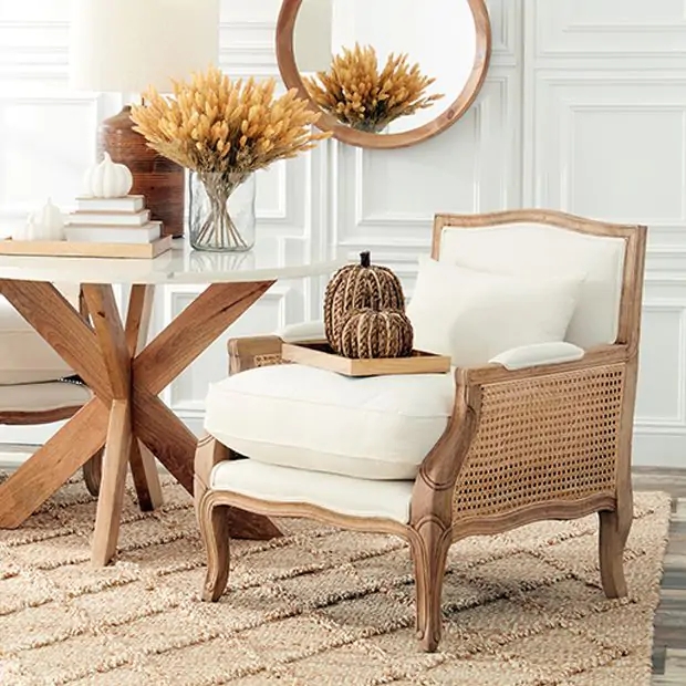 Accent Chair Vintage Woven Cane Panels Tufted Seat French Country