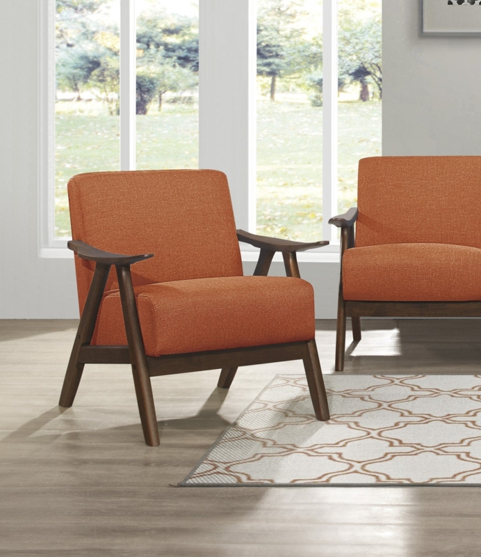 Accent Chair Walnut Finish Burnt Orange Open Wood Frame Mid-Century