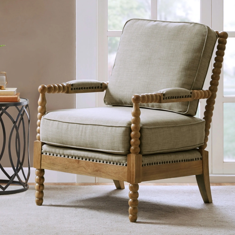 Accent Chair Warm Oak Slatted Back Gray Fabric Mid-Century Modern Style