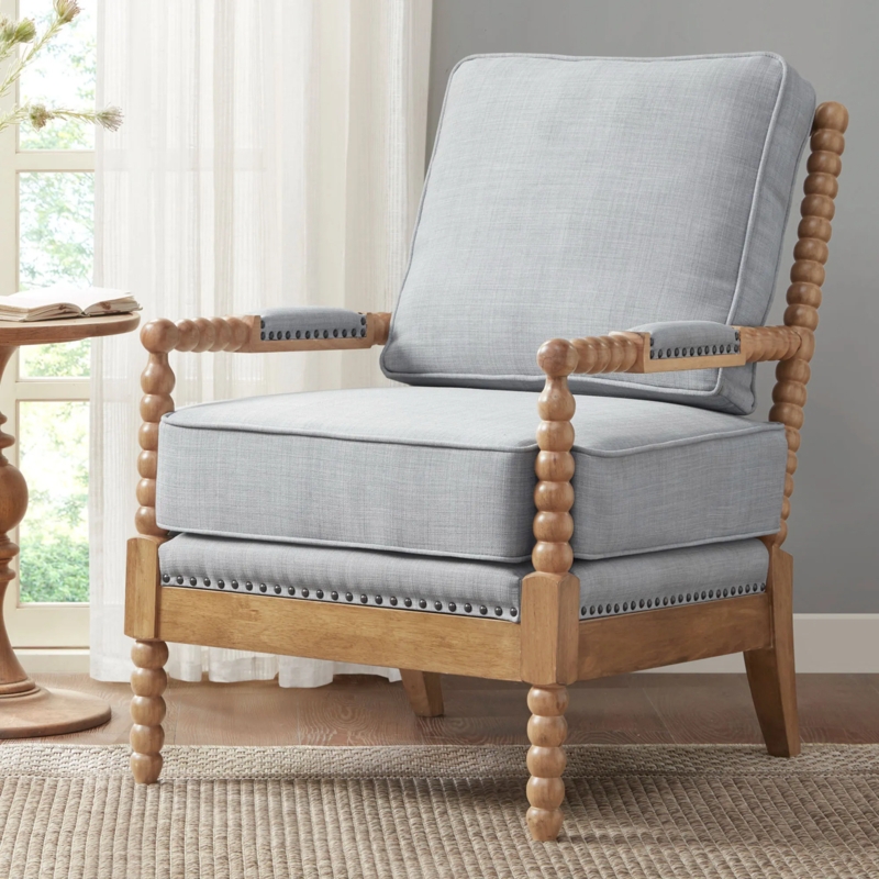 Accent Chair Warm Oak Spindle Back Light Blue Button Tufted Cushions