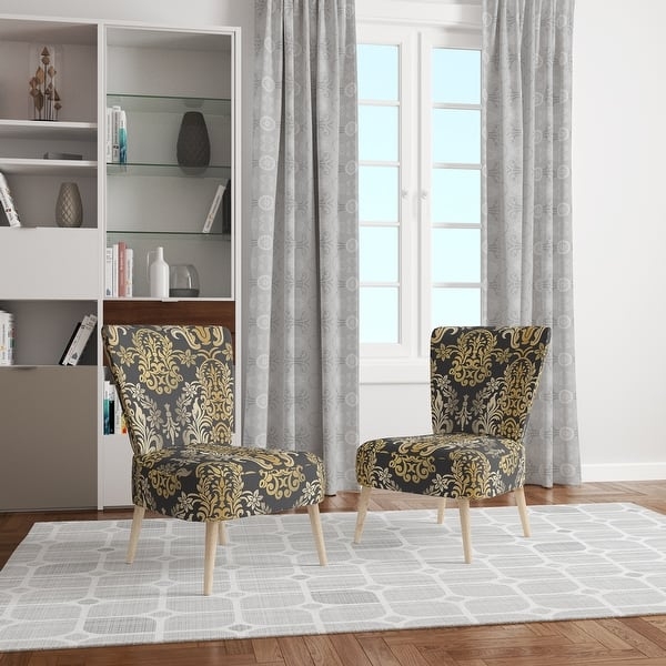 Accent Chair White and Gold Damask Armless with Curved Backrest