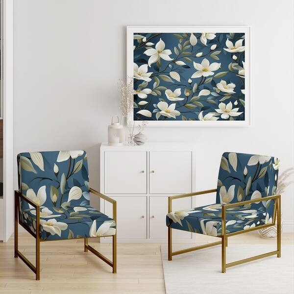 Accent Chair White Blue Botanical Armless Slipper Wood Legs
