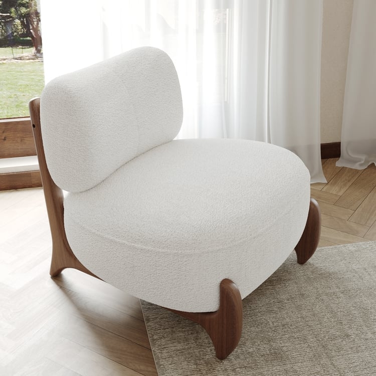 Accent Chair: White Boucle Fabric and Tapered Ash Wood Legs