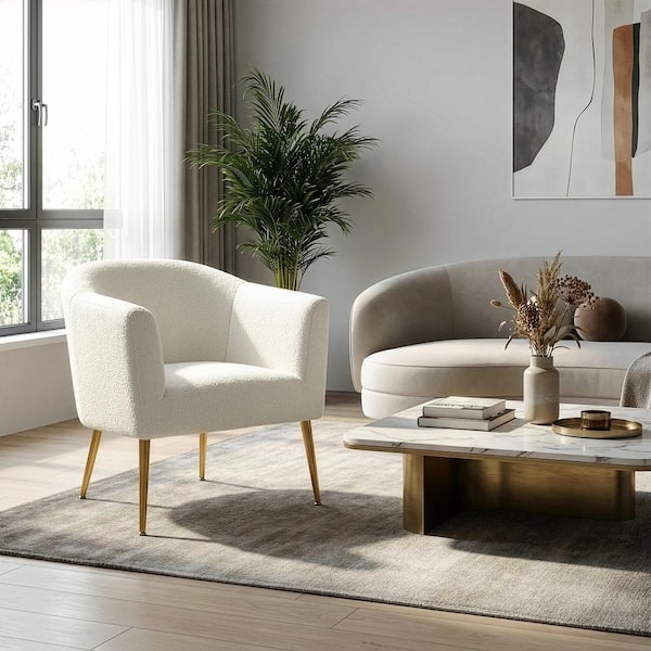 Accent Chair White Boucle Gold Legs Curved Silhouette Modern Glam